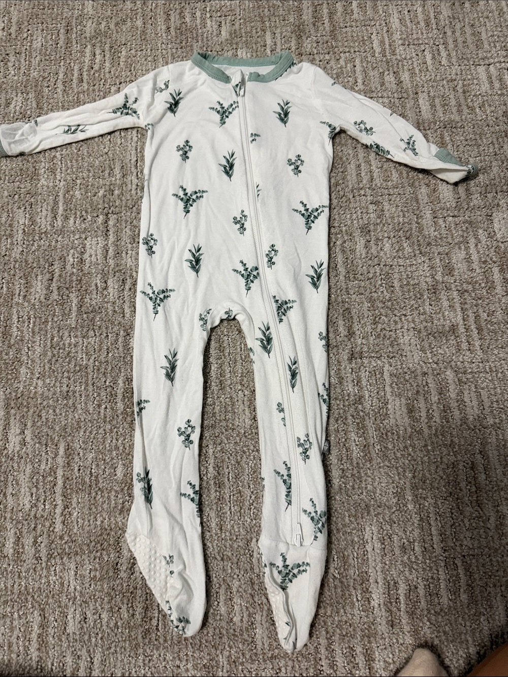 White Footed One-Piece with Green Leaf Print - Kids